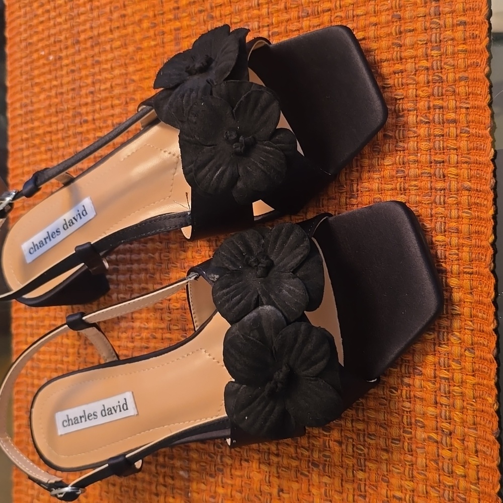 CHARLES DAVID BRAND WOMEN'S BLACK FLORAL FEMININE, SEXY, FANCY HEELS SIZE 6.5